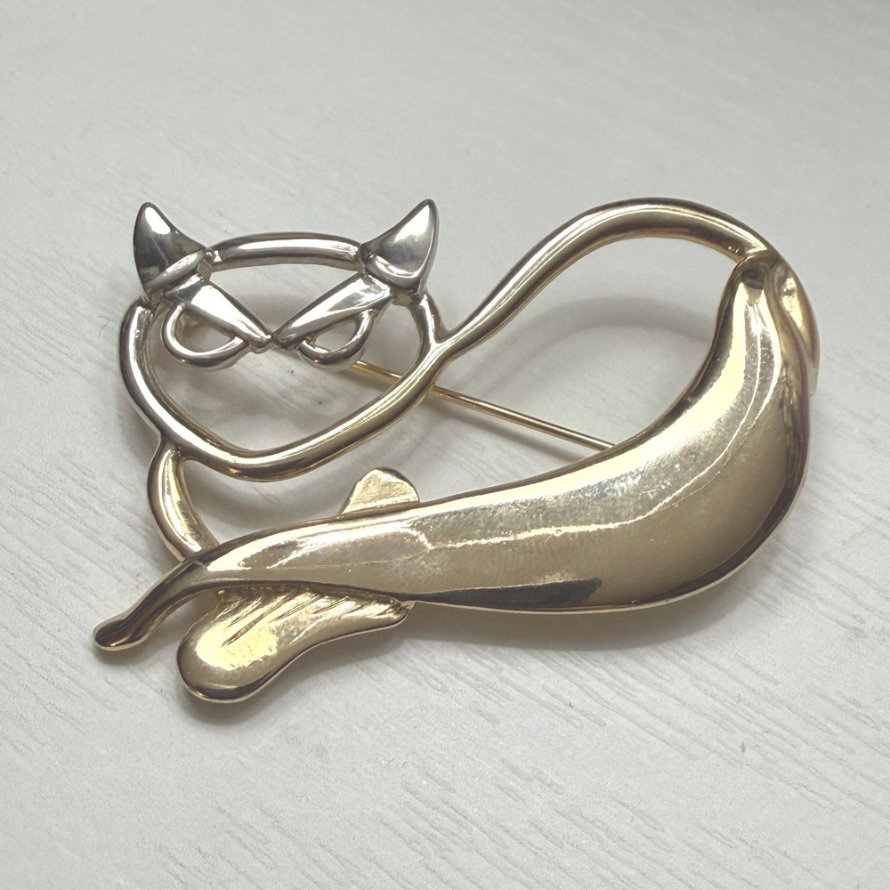 Vintage Kitty Cat Brooch Two Tone Gold Silver Pin Feline Jewelry - Picture 4 of 6